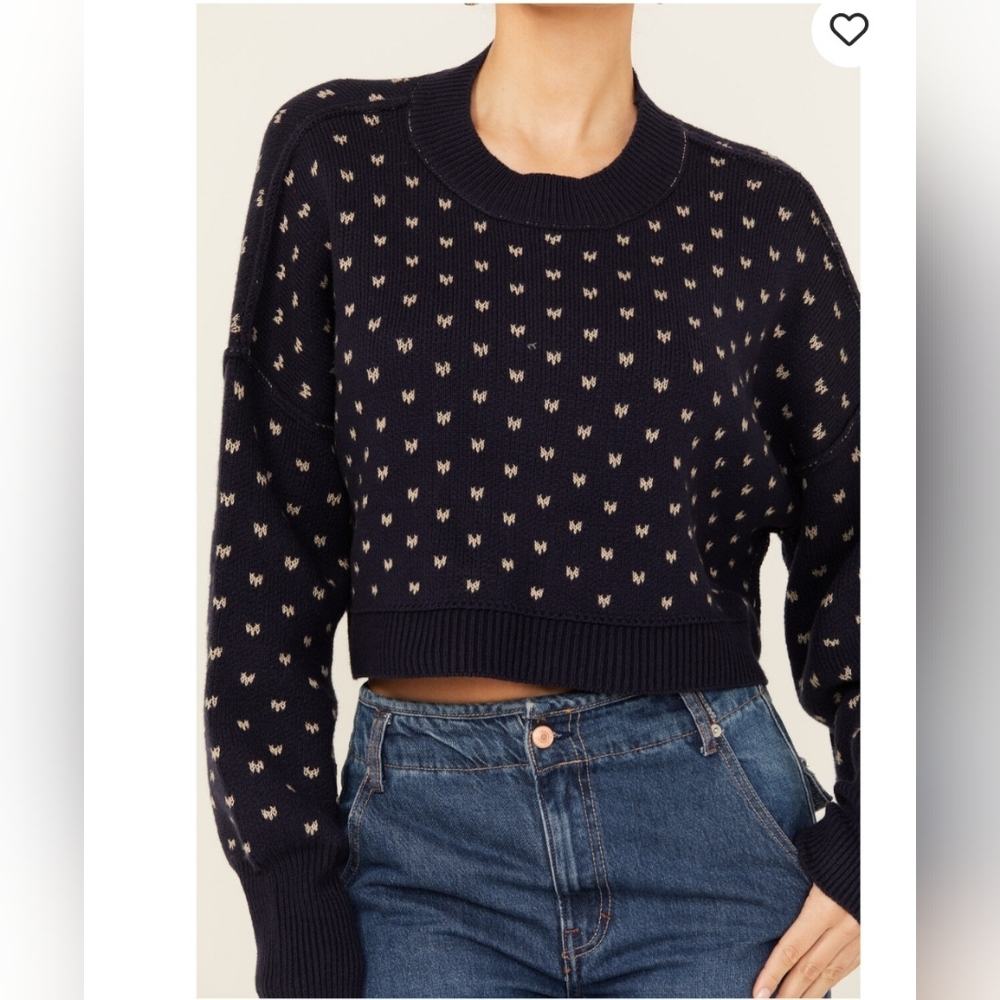 NWT Free People Pattern Easy Street Cropped Sweater Navy Blue Sz L